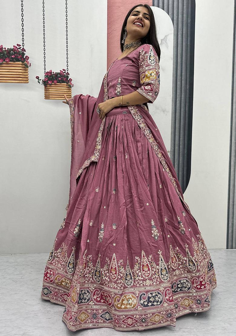 Pink Embroidery Vichitra Lehenga Set - Indya