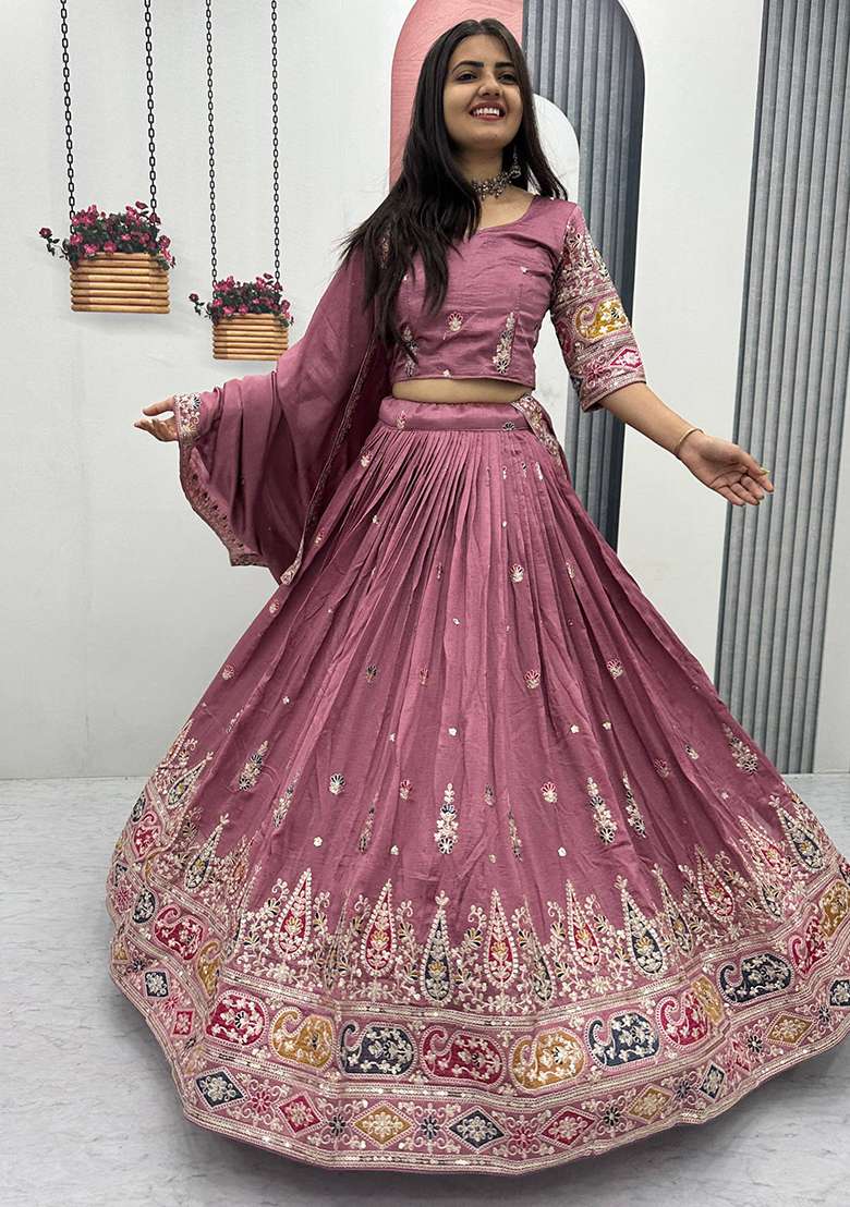 Pink Vichitra Lehenga Set with Embroidery for Diwali | Wedding & Festive Wear - Indya
