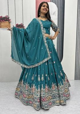 Teal Green Embroidery Vichitra Lehenga Set