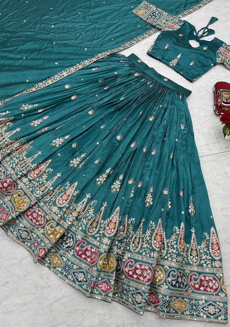 Teal Green Embroidery Vichitra Lehenga Set - Indya