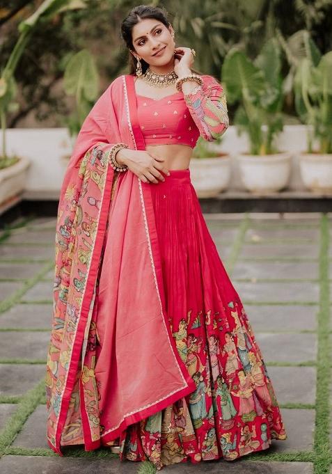 Hot Pink Embroidery Cotton Lehenga Set