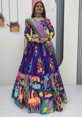 Purple Embroidery Cotton Lehenga Set