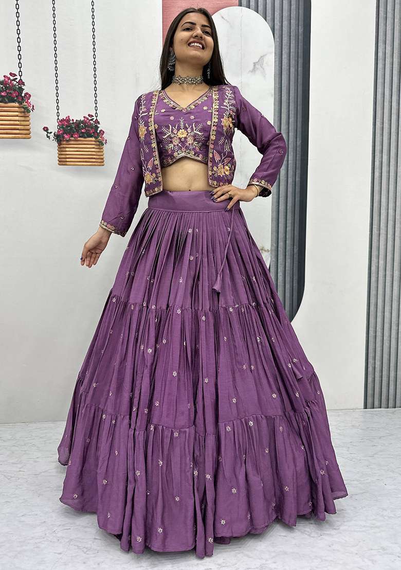 Mauve Chinon Lehenga Set with Embroidery for Diwali | Wedding & Festive Wear - Indya