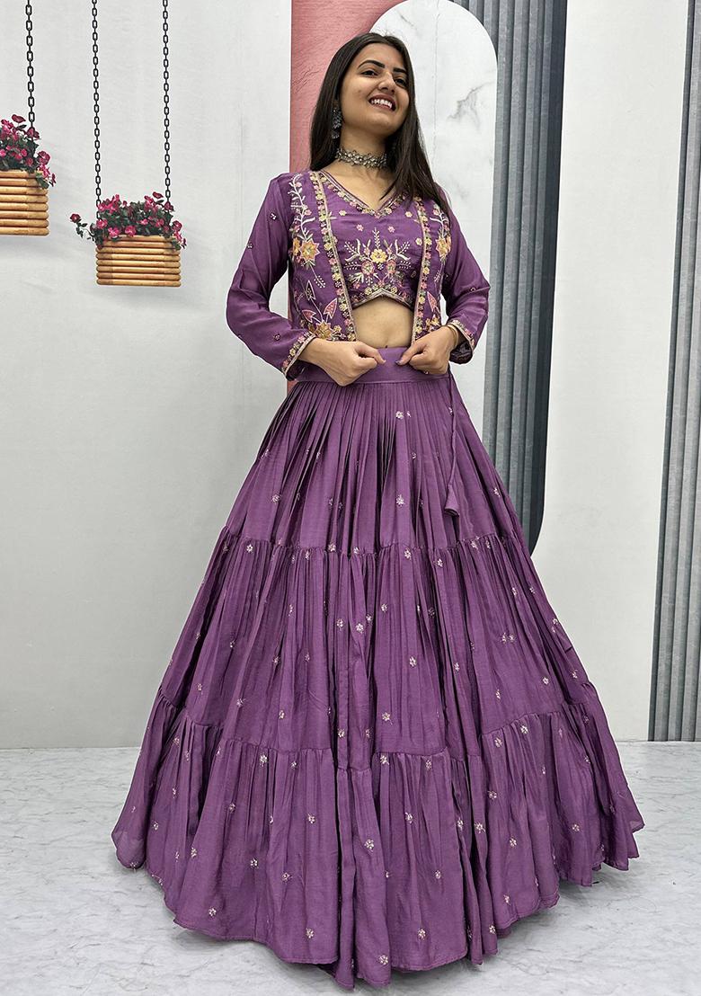 Mauve Embroidery Chinon Lehenga Set - Indya