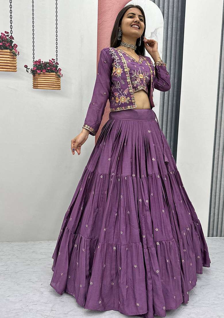 Mauve Chinon Lehenga Set with Embroidery for Diwali | Wedding & Festive Wear - Indya