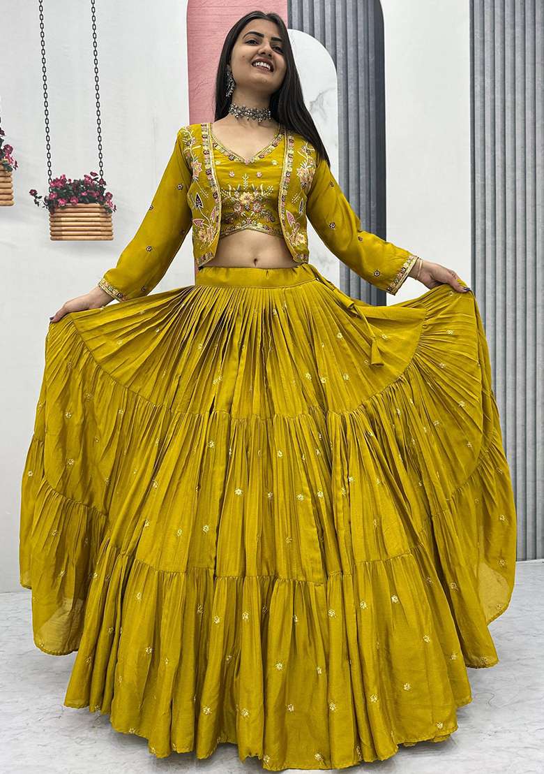 Yellow Chinon Lehenga Set with Embroidery for Diwali | Wedding & Festive Wear - Indya