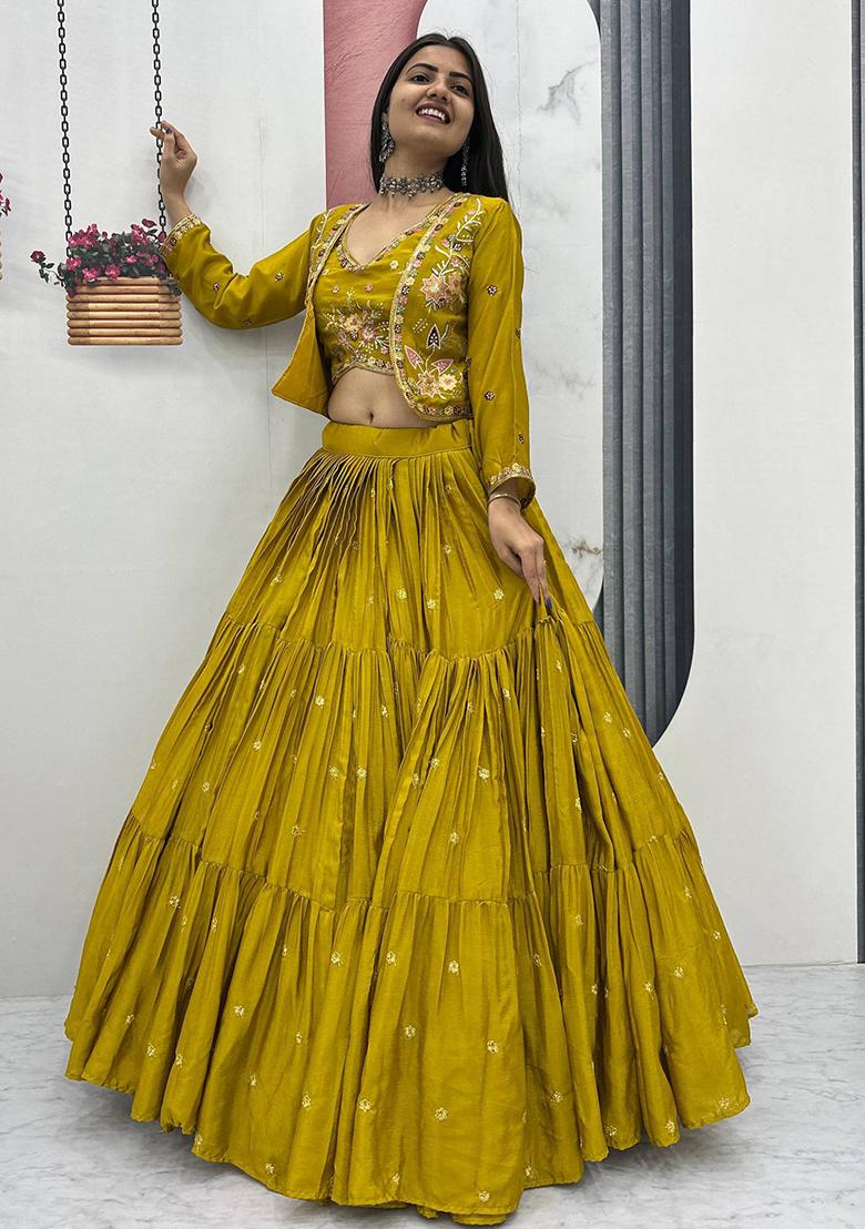 Yellow Embroidery Chinon Lehenga Set - Indya