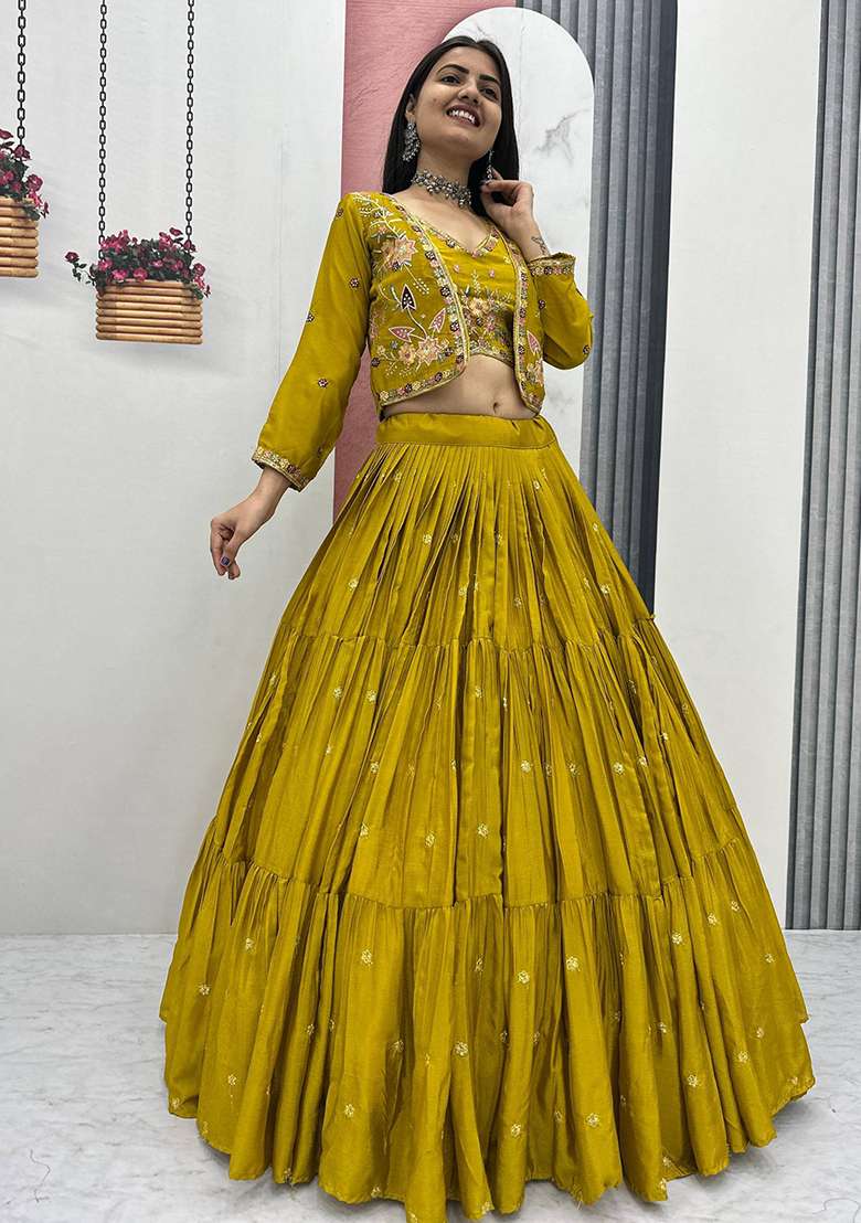 Yellow Chinon Lehenga Set with Embroidery for Diwali | Wedding & Festive Wear - Indya