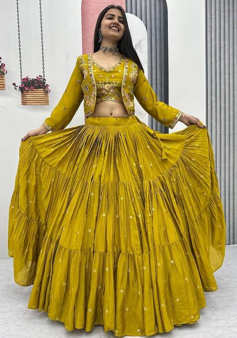 Yellow Embroidery Chinon Lehenga Set