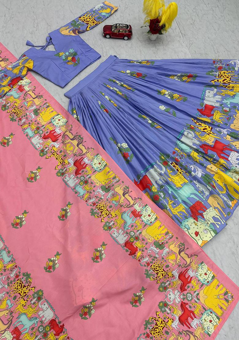 Light Purple Embroidery Cotton Lehenga Set - Indya