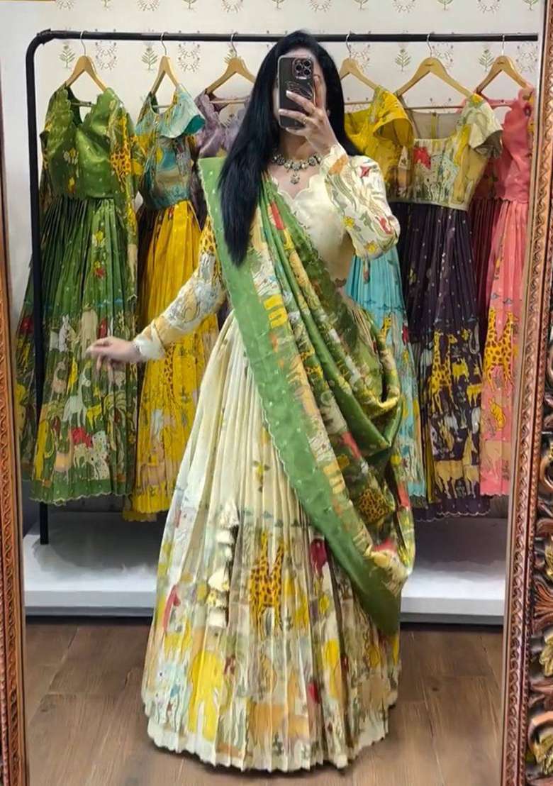 White Embroidery Cotton Lehenga Set for Diwali and Festive Wear - Indya