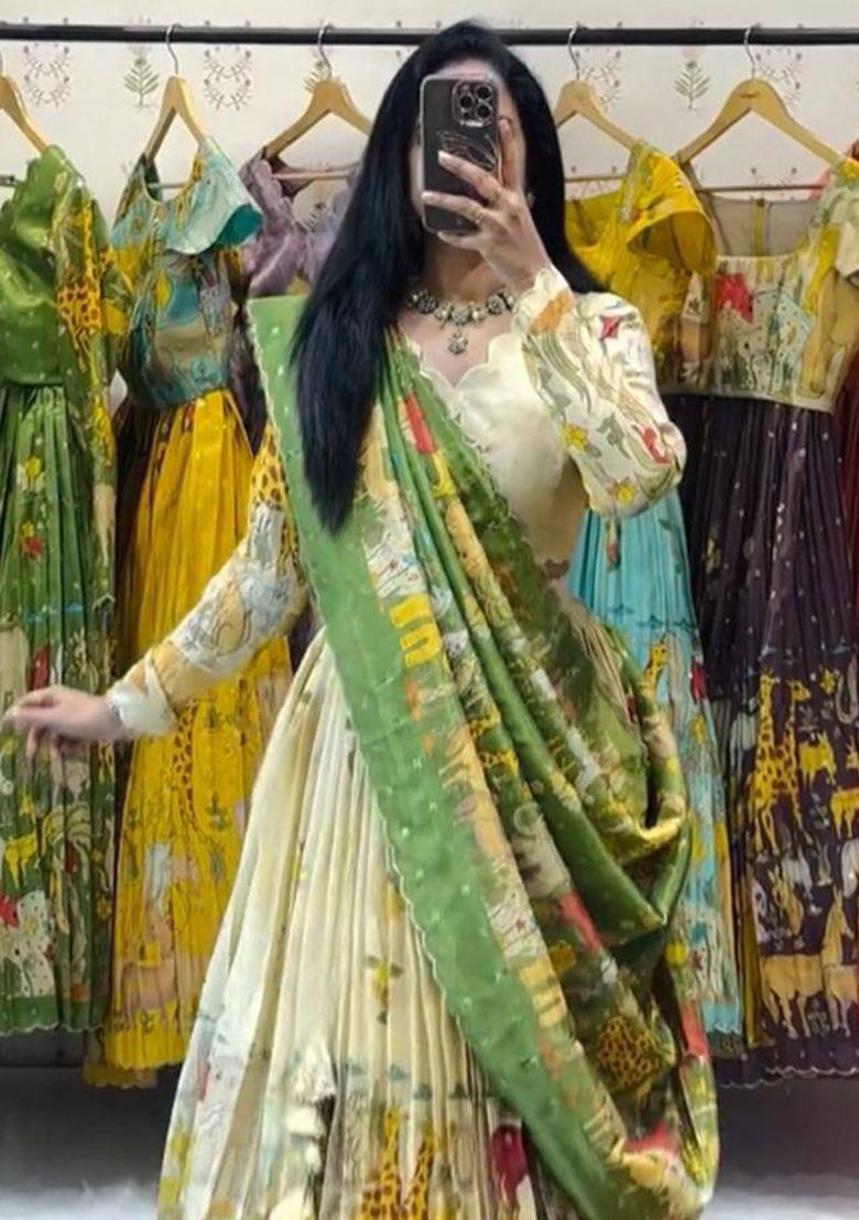 White Embroidery Cotton Lehenga Set - Indya