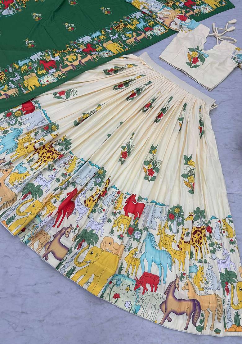 White Embroidery Cotton Lehenga Set for Diwali and Festive Wear - Indya