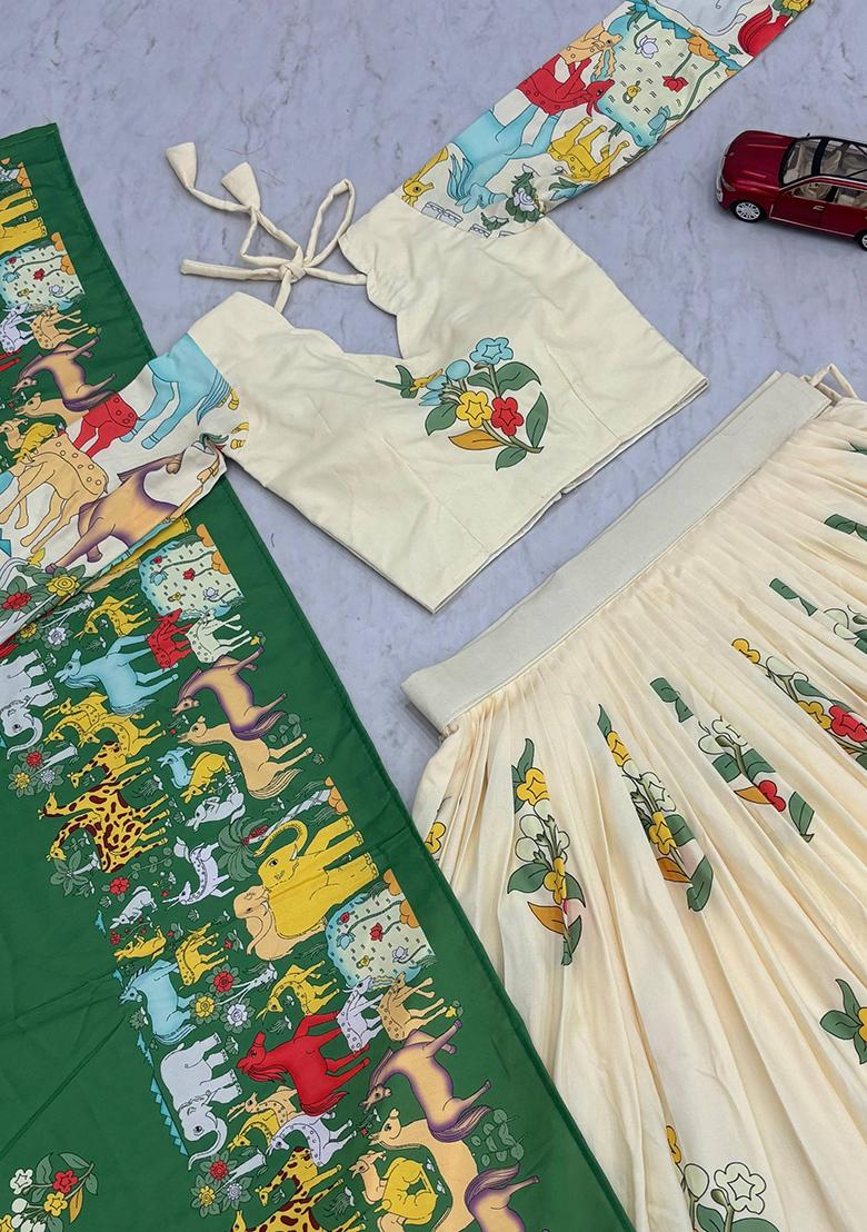 White Embroidery Cotton Lehenga Set - Indya