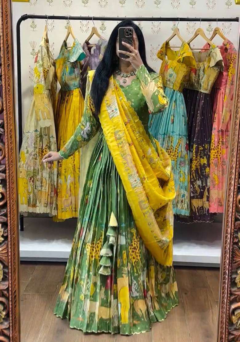Green Embroidery Cotton Lehenga Set for Diwali and Festive Wear - Indya
