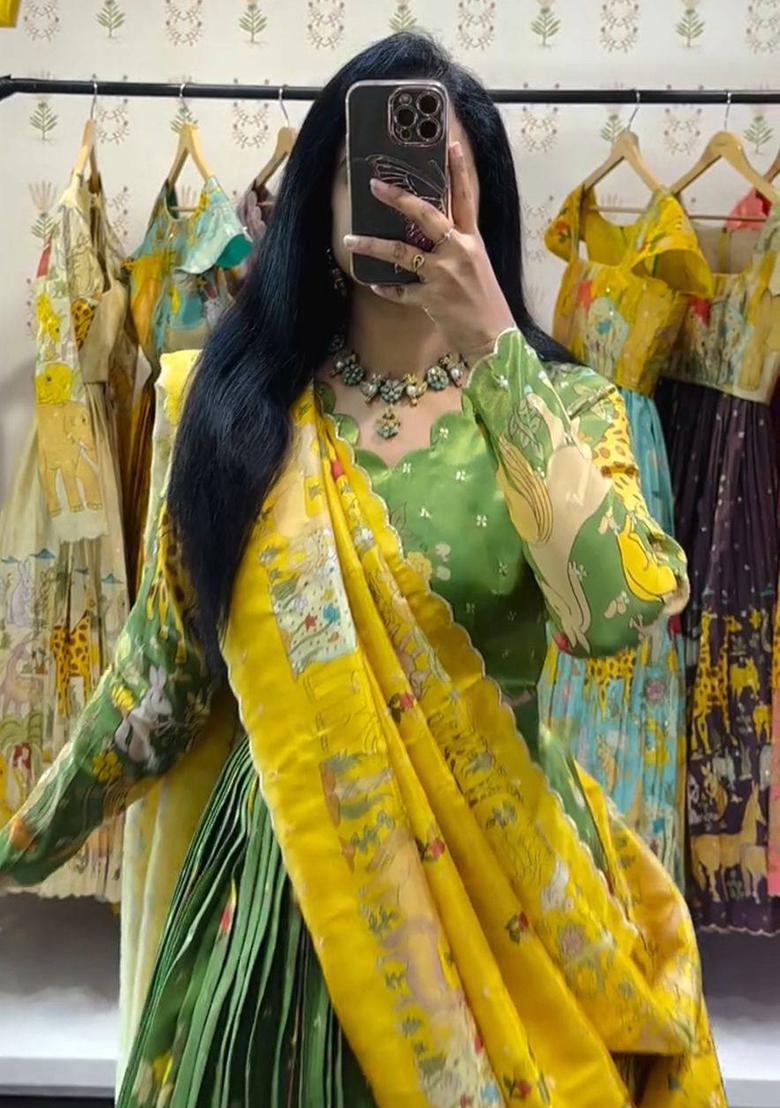 Green Embroidery Cotton Lehenga Set - Indya