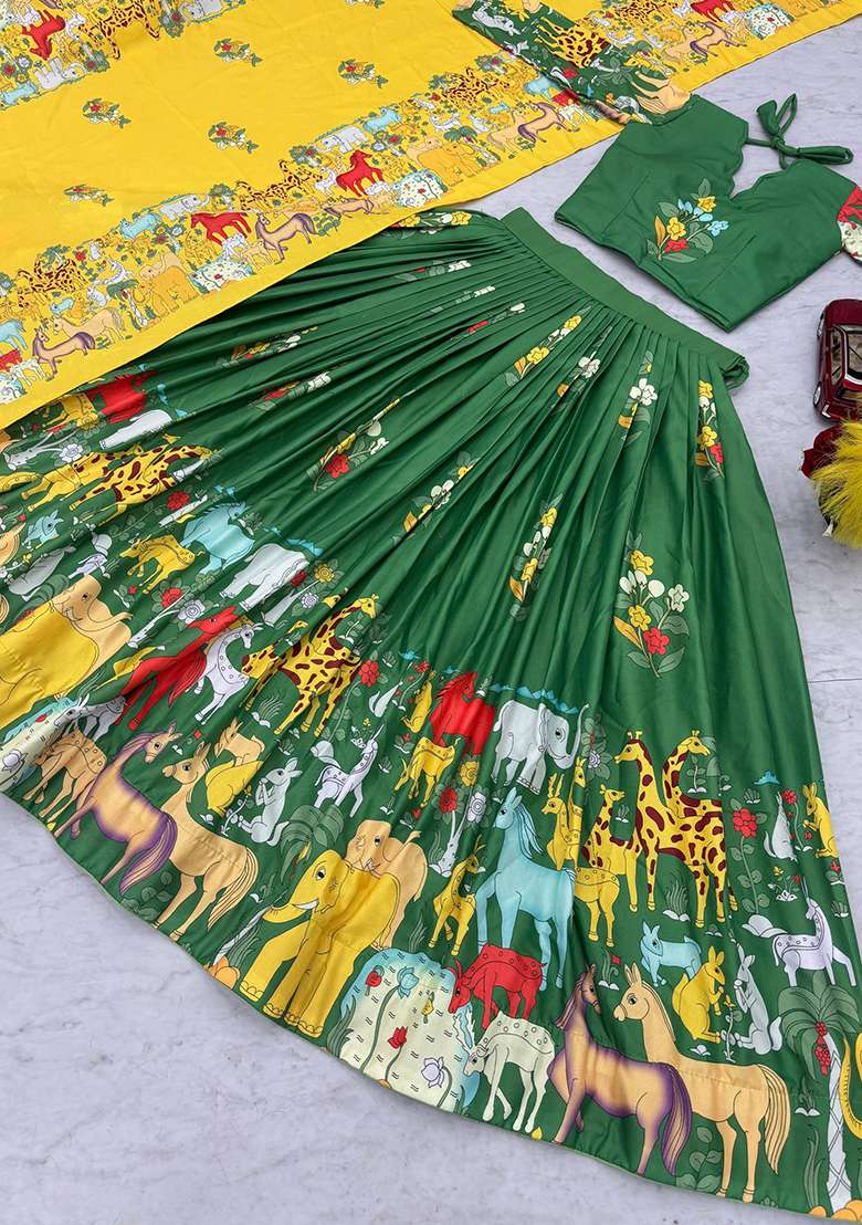 Green Embroidery Cotton Lehenga Set for Diwali and Festive Wear - Indya