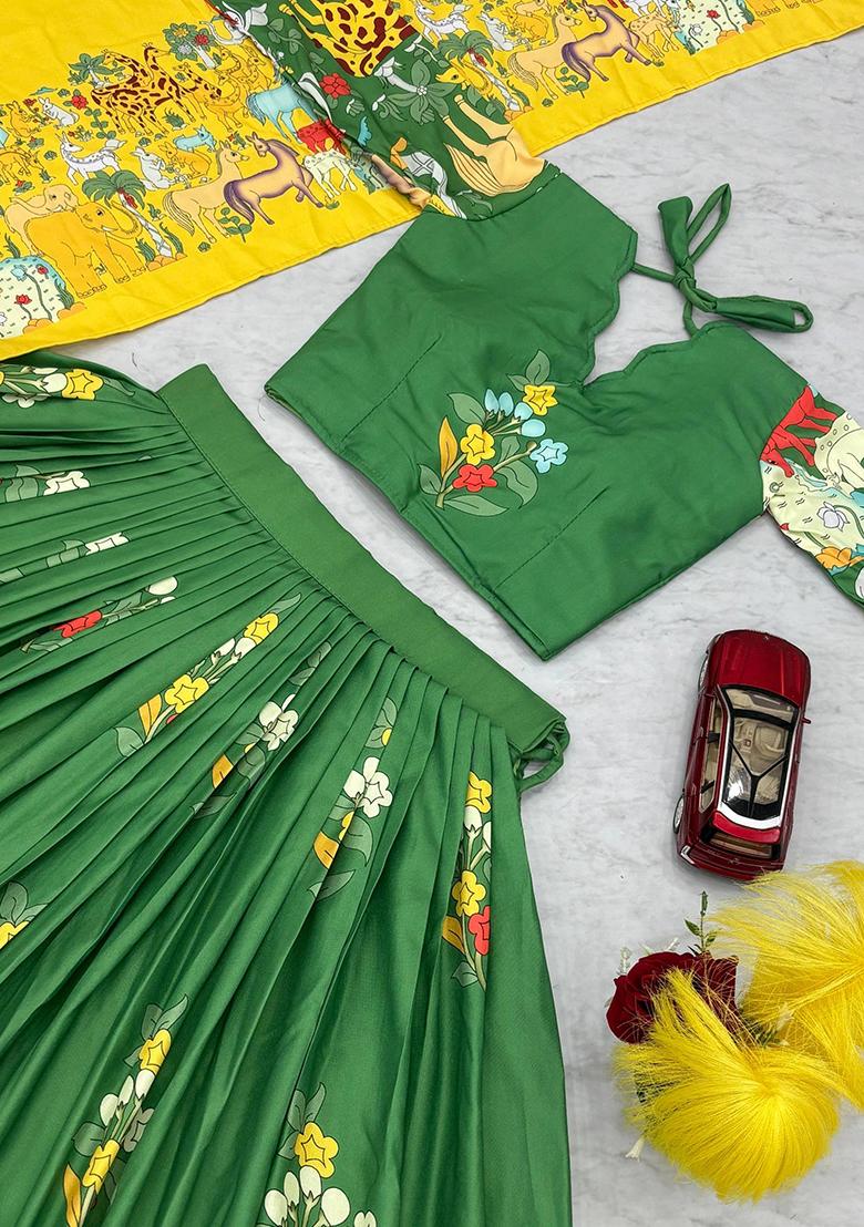 Green Embroidery Cotton Lehenga Set - Indya