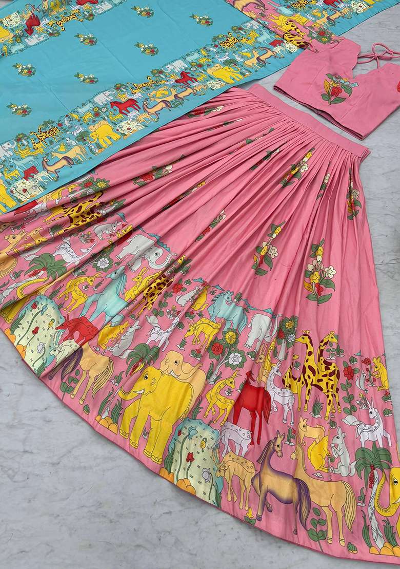 Pink Embroidery Cotton Lehenga Set for Diwali and Festive Wear - Indya