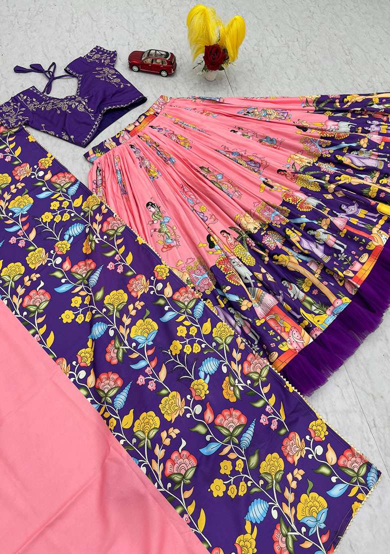 Purple Embroidery Cotton Lehenga Set for Diwali and Festive Wear - Indya