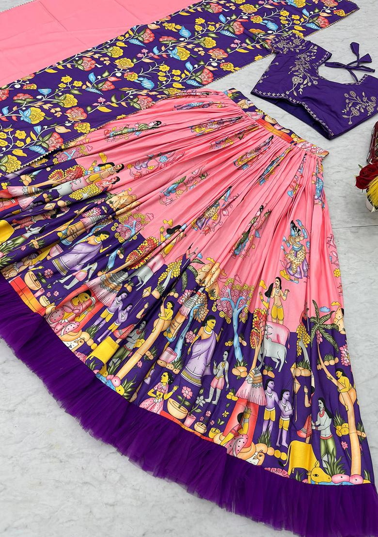 Purple Embroidery Cotton Lehenga Set - Indya