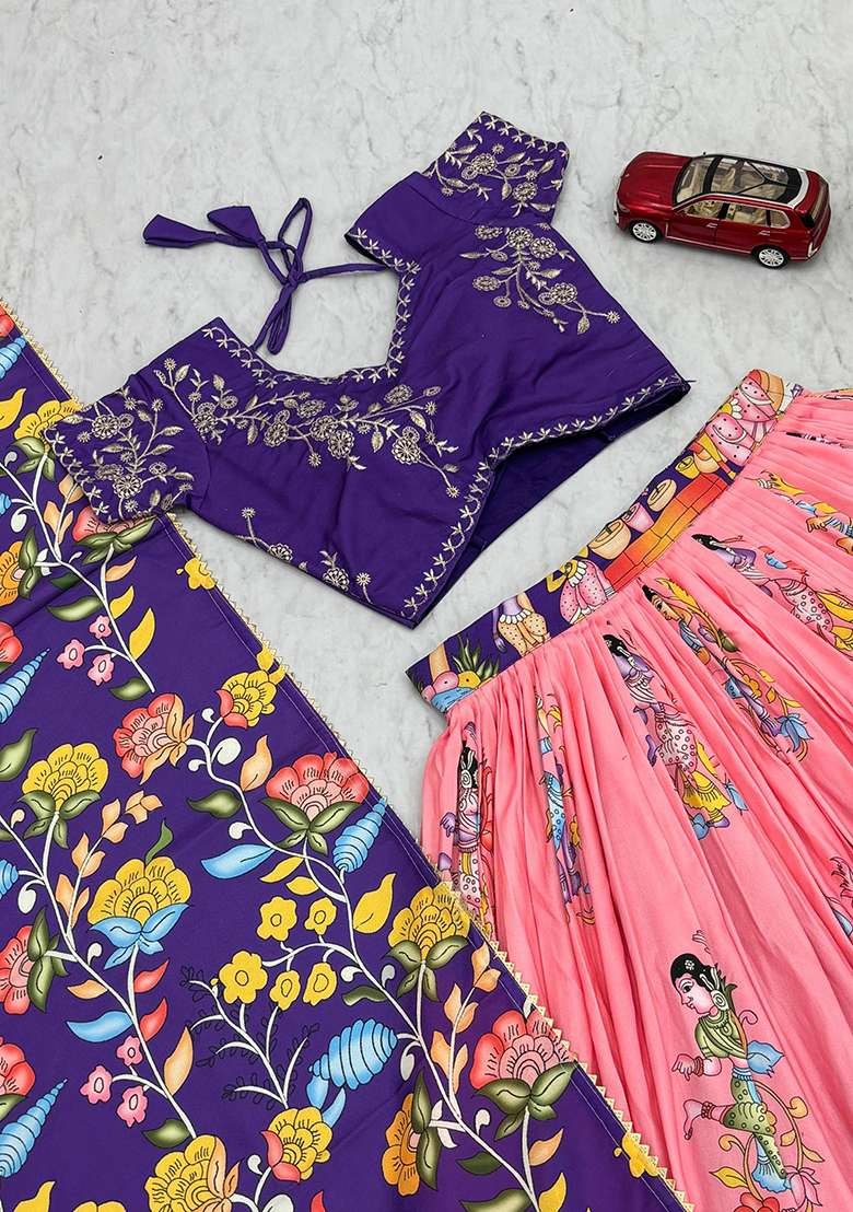 Purple Embroidery Cotton Lehenga Set for Diwali and Festive Wear - Indya