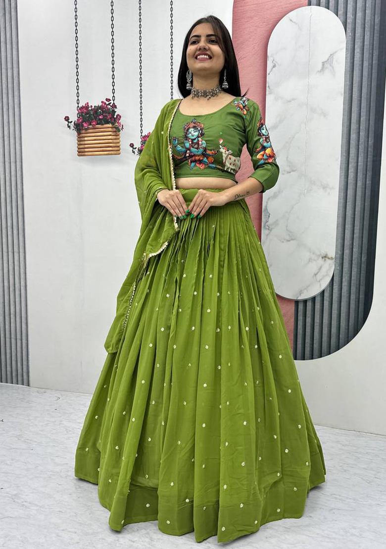 Green Embroidery Cotton Lehenga Set - Indya