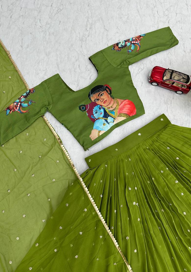 Green Embroidery Cotton Lehenga Set - Indya