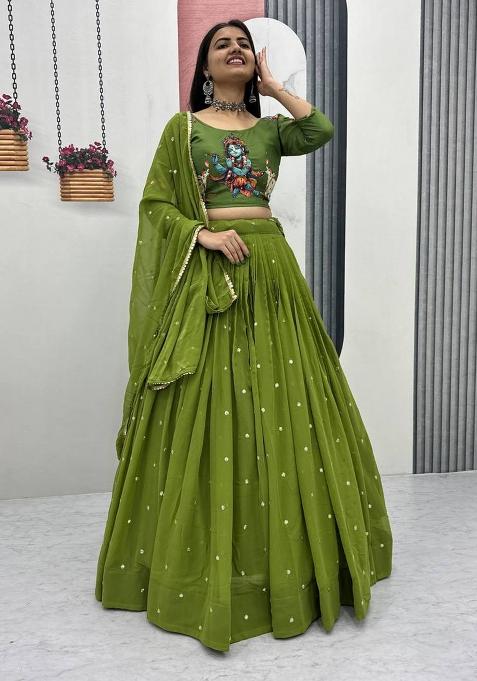Green Embroidery Cotton Lehenga Set