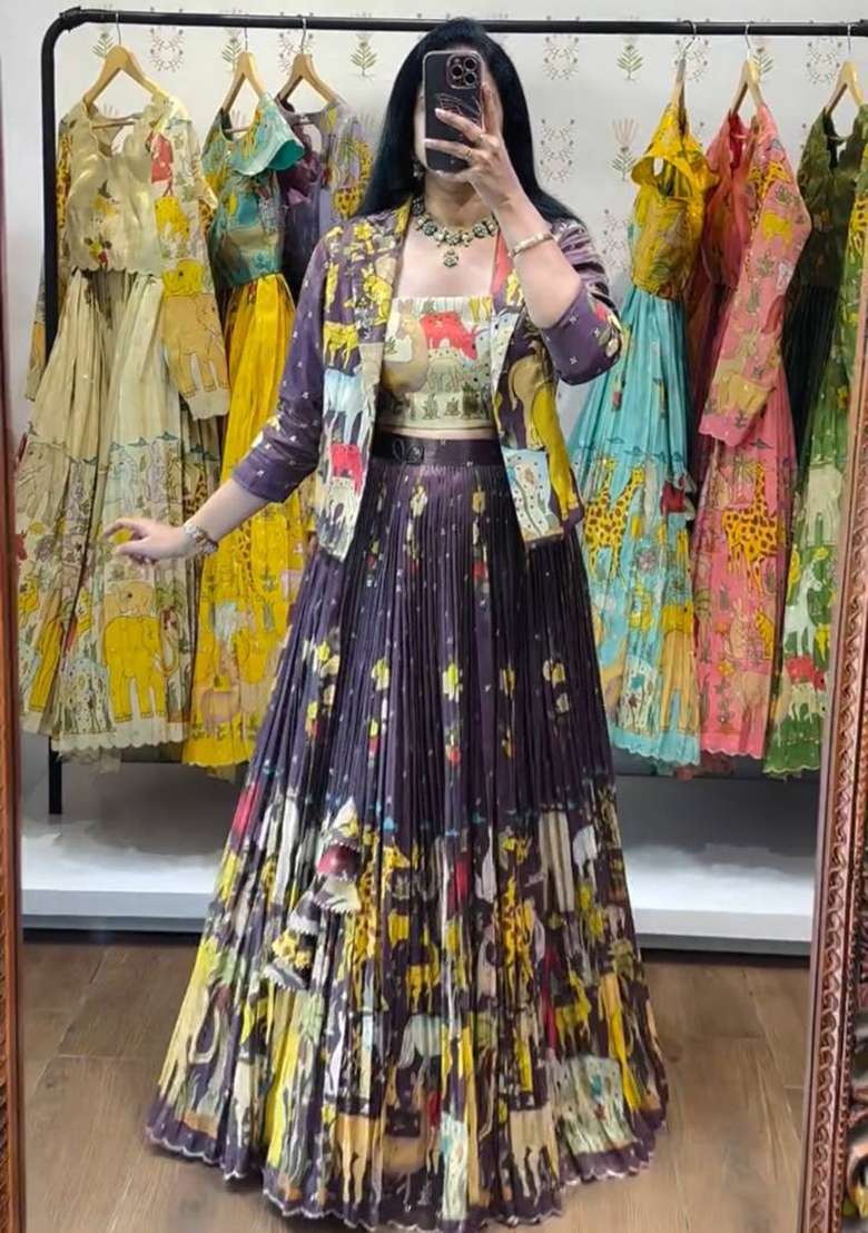 Purple Cotton Lehenga Set with Embroidery for Diwali | Wedding & Festive Wear - Indya