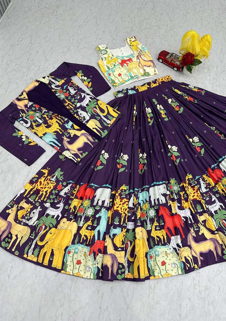 Purple Cotton Lehenga Set with Embroidery for Diwali | Wedding & Festive Wear - Indya