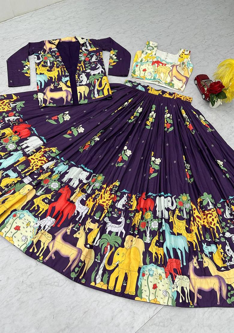 Purple Embroidery Cotton Lehenga Set - Indya