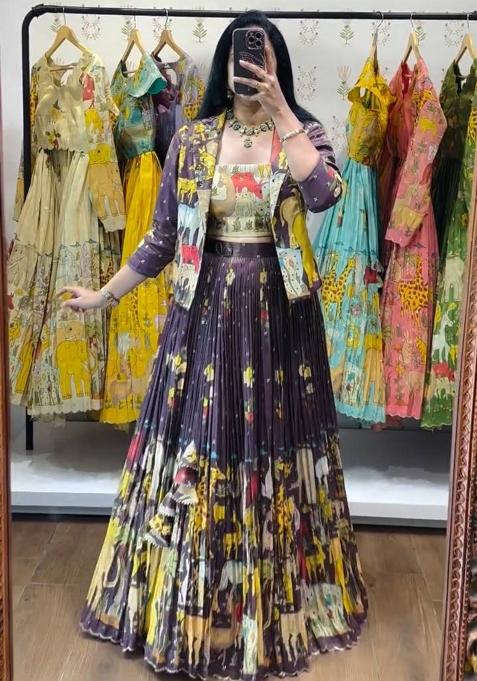 Purple Embroidery Cotton Lehenga Set