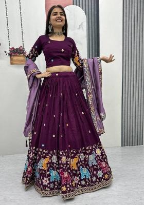 Dark Pink Embroidery Vichitra Lehenga Set
