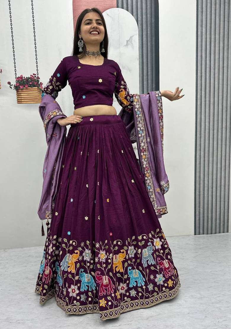Dark Pink Vichitra Lehenga Set with Embroidery for Diwali | Wedding & Festive Wear - Indya