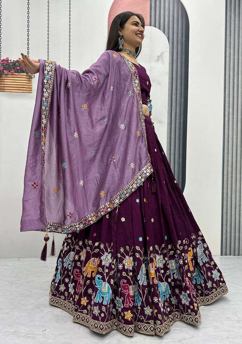 Dark Pink Vichitra Lehenga Set with Embroidery for Diwali | Wedding & Festive Wear - Indya