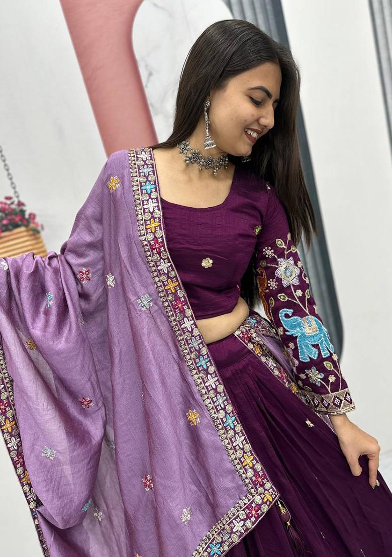 Dark Pink Embroidery Vichitra Lehenga Set - Indya
