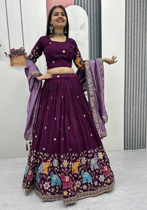 Dark Pink Embroidery Vichitra Lehenga Set