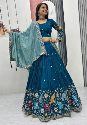 Blue Embroidery Vichitra Lehenga Set