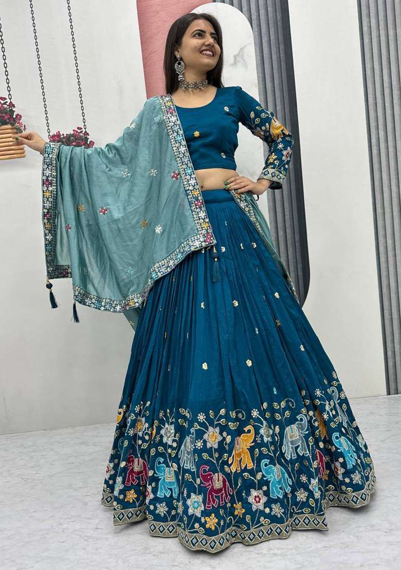 Blue Embroidery Vichitra Lehenga Set for Diwali and Festive Wear - Indya