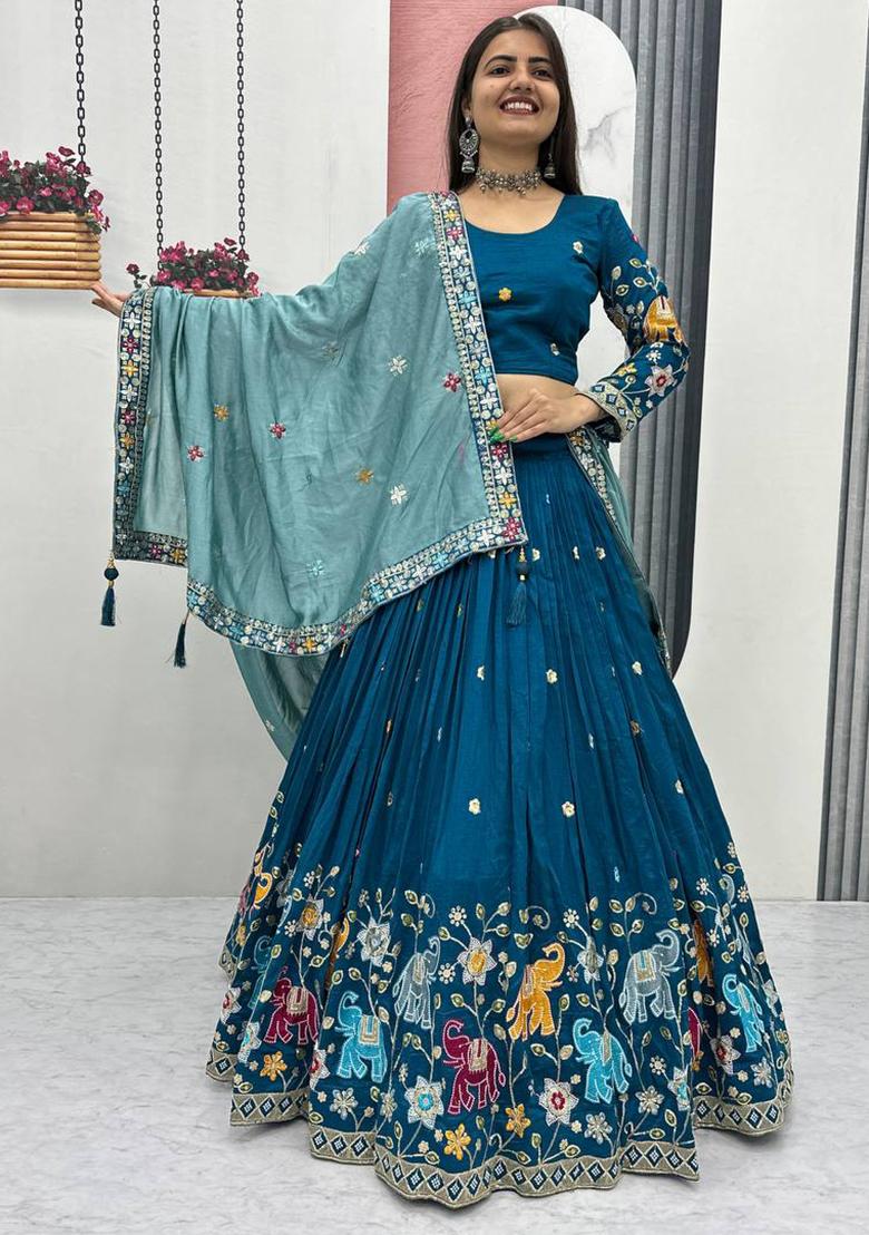 Blue Embroidery Vichitra Lehenga Set - Indya
