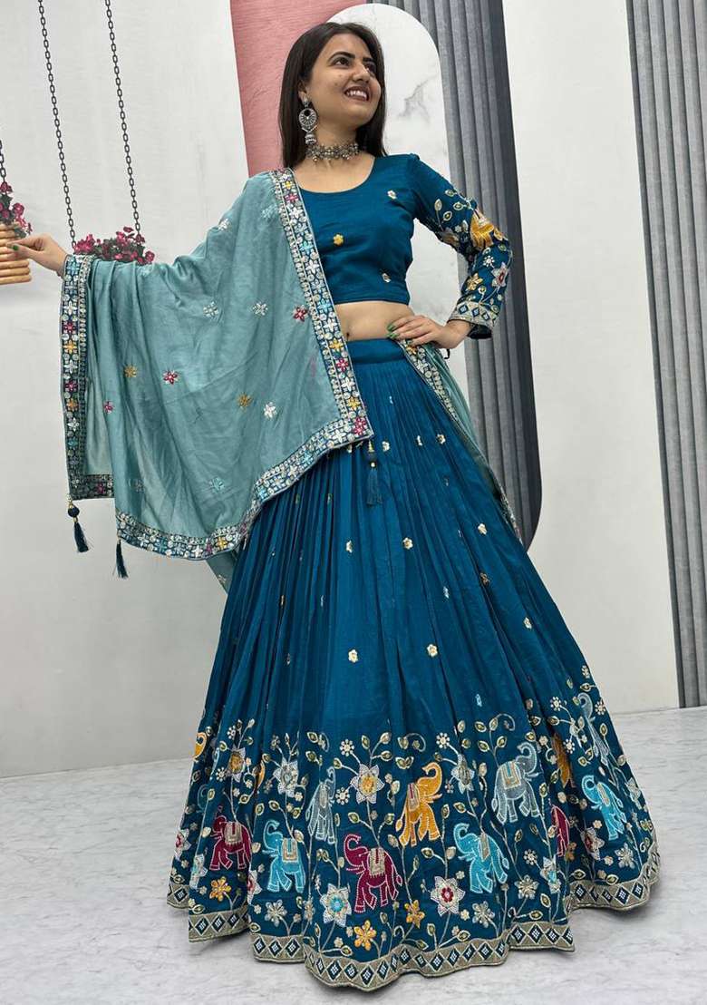 Blue Embroidery Vichitra Lehenga Set for Diwali and Festive Wear - Indya