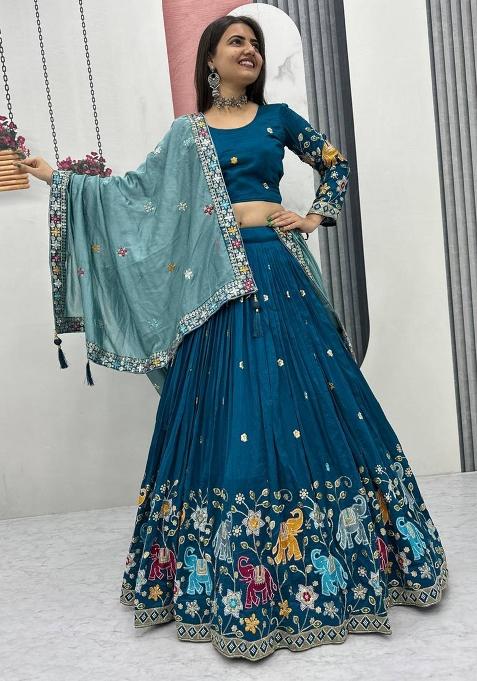 Blue Embroidery Vichitra Lehenga Set