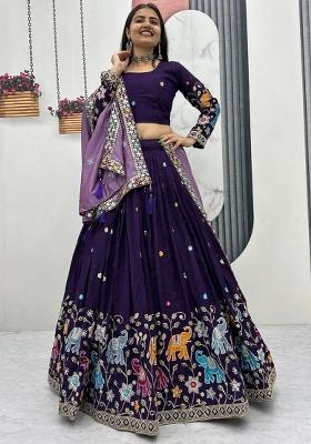 Purple Embroidery Vichitra Lehenga Set