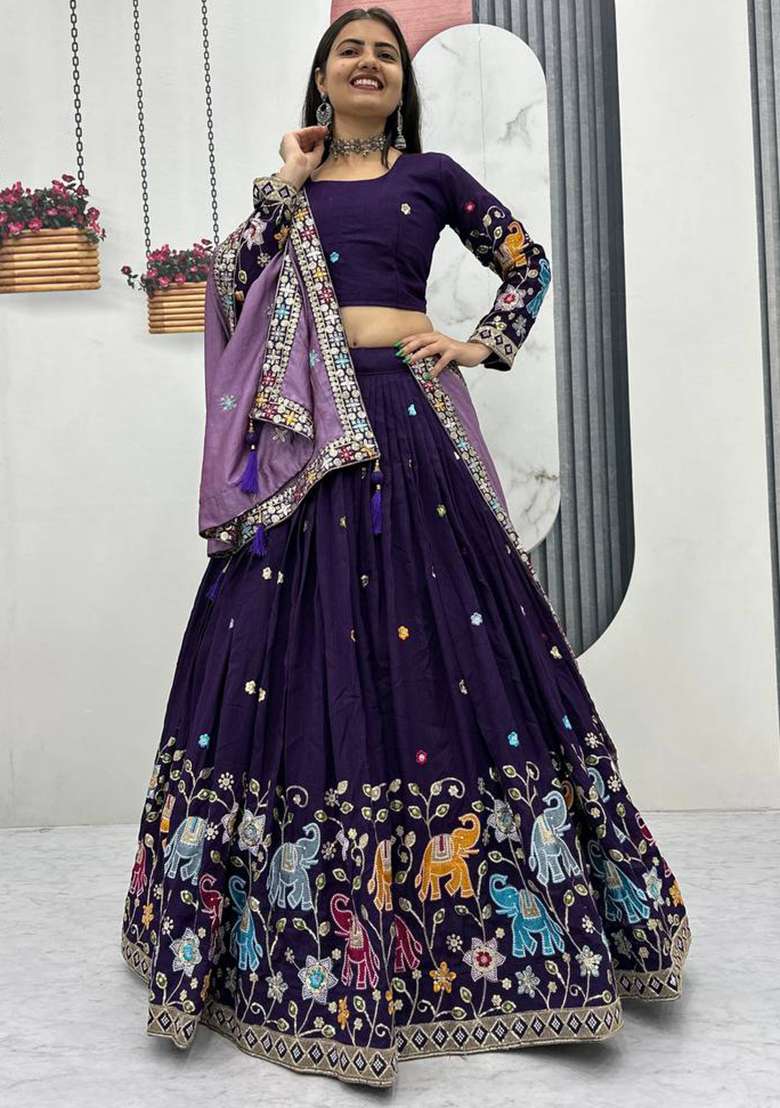 Purple Embroidery Vichitra Lehenga Set for Diwali and Festive Wear - Indya