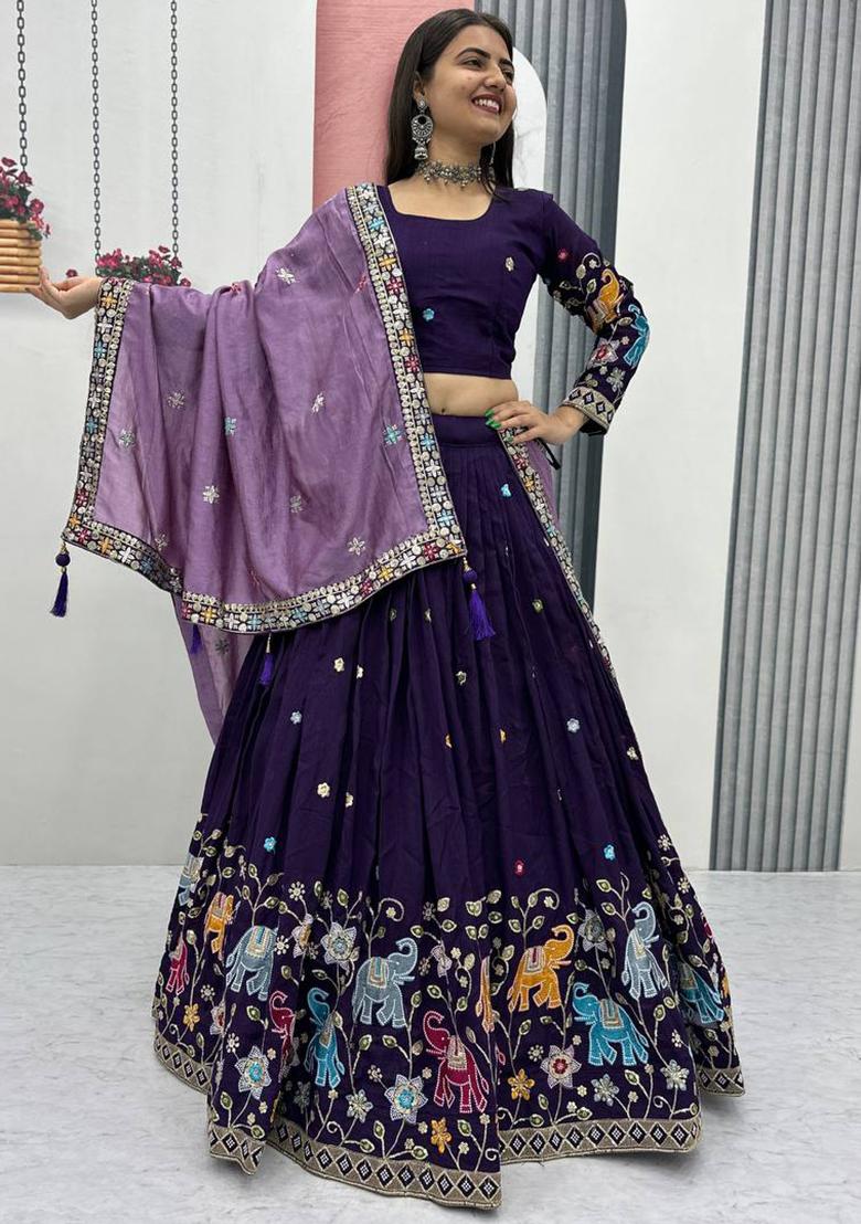 Purple Embroidery Vichitra Lehenga Set - Indya