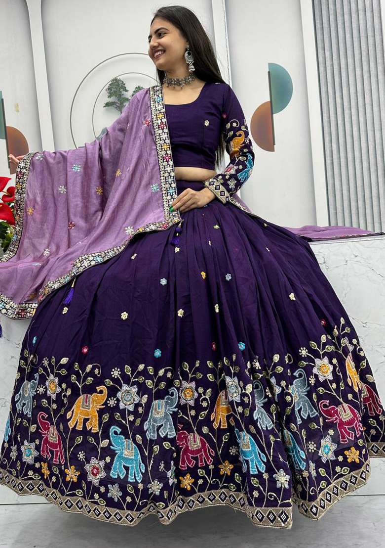 Purple Embroidery Vichitra Lehenga Set for Diwali and Festive Wear - Indya