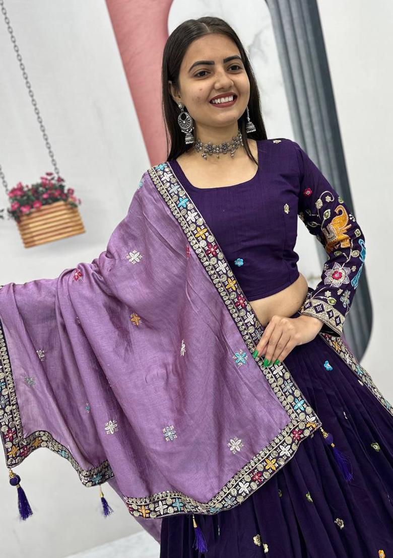 Purple Embroidery Vichitra Lehenga Set - Indya