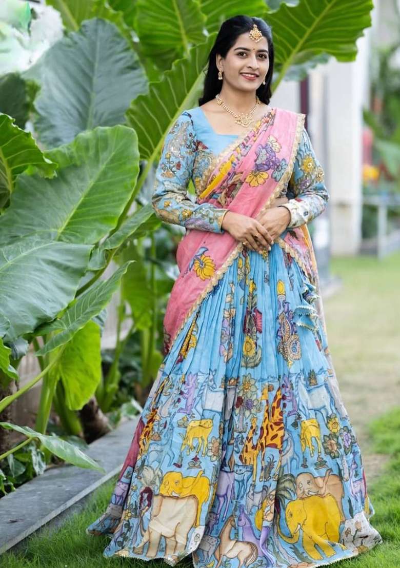 Sky Blue Cotton Lehenga Set with Embroidery for Diwali | Wedding & Festive Wear - Indya
