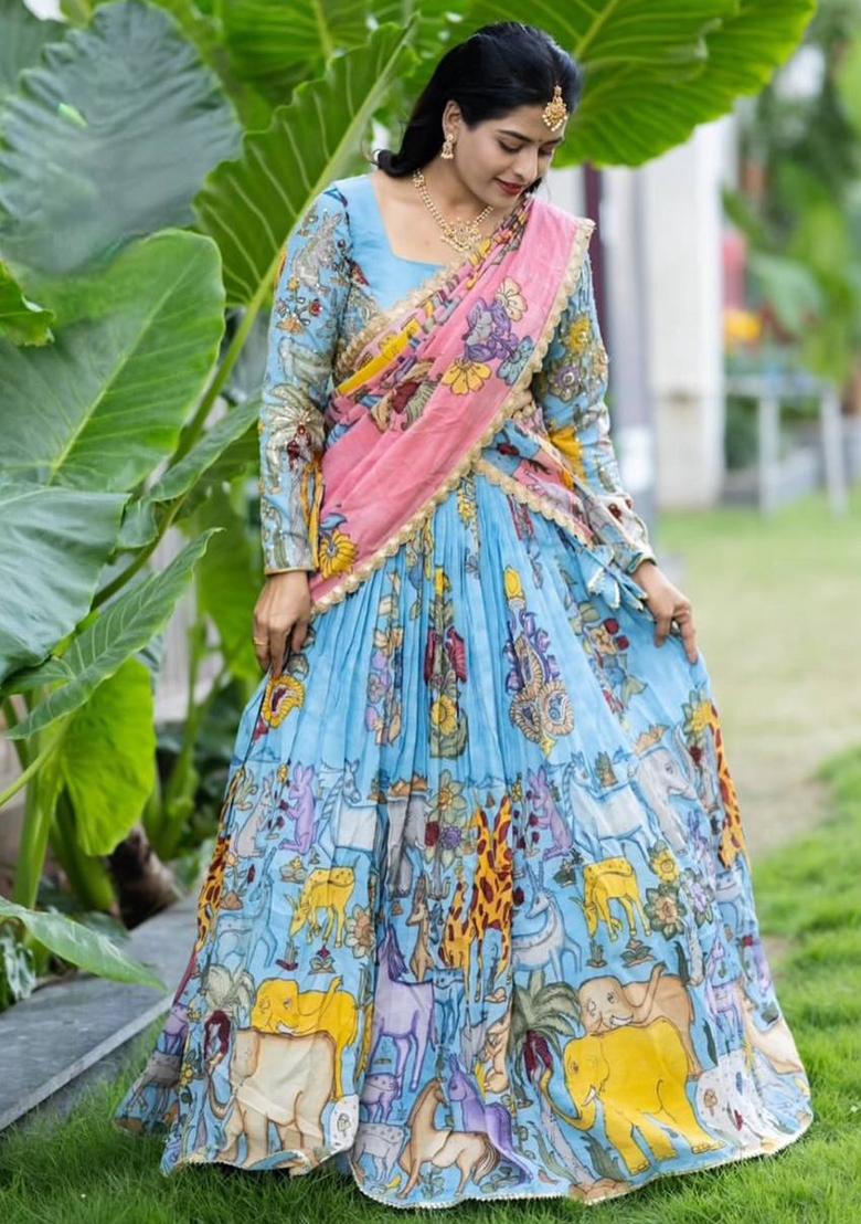 Sky Blue Embroidery Cotton Lehenga Set - Indya